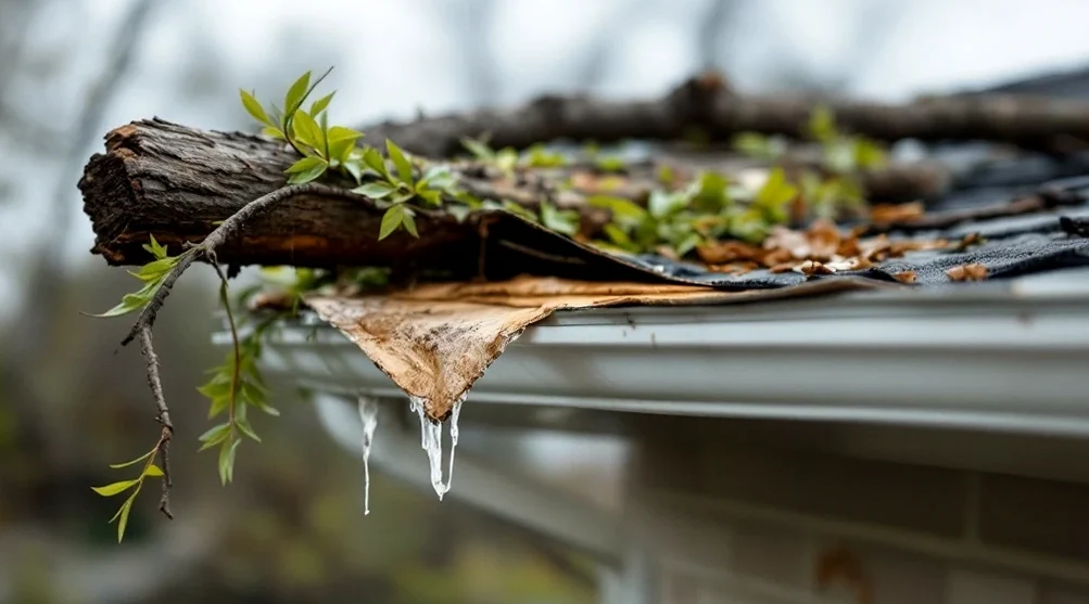 A roof with missing tiles and exposed decking after storm damage
